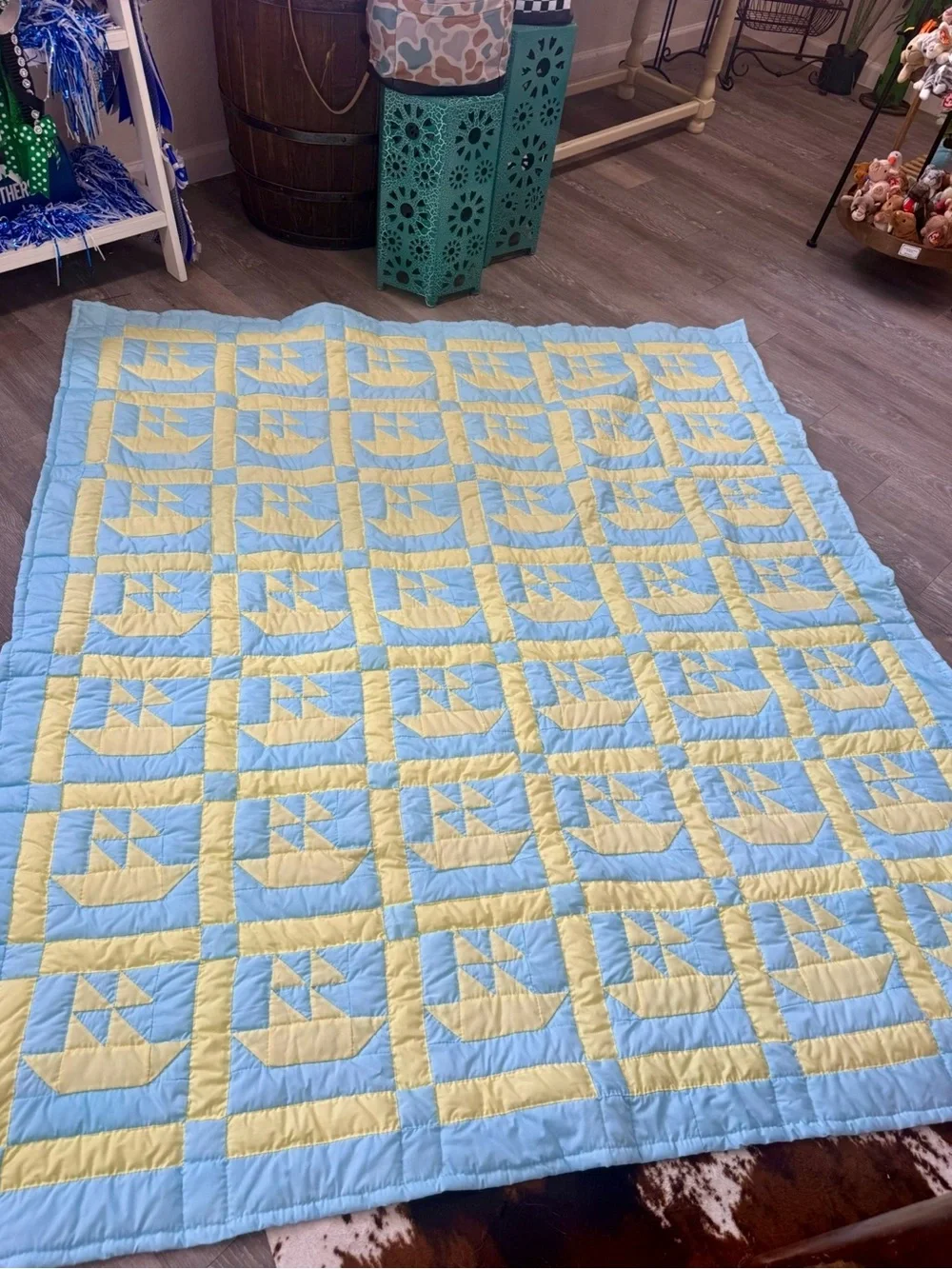 Handmade Patchwork Baby Quilt in Light Blue and Pale Yellow
